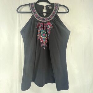 Ava & Grace Womens Black Embroidered Halter Top Boho Sleeveless Blouse Large